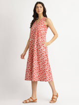 Cotton Dabu Floral A-Line Dress - Orange & White