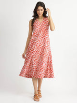 Cotton Dabu Floral A-Line Dress - Orange & White