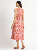 Cotton Dabu Floral A-Line Dress - Orange & White