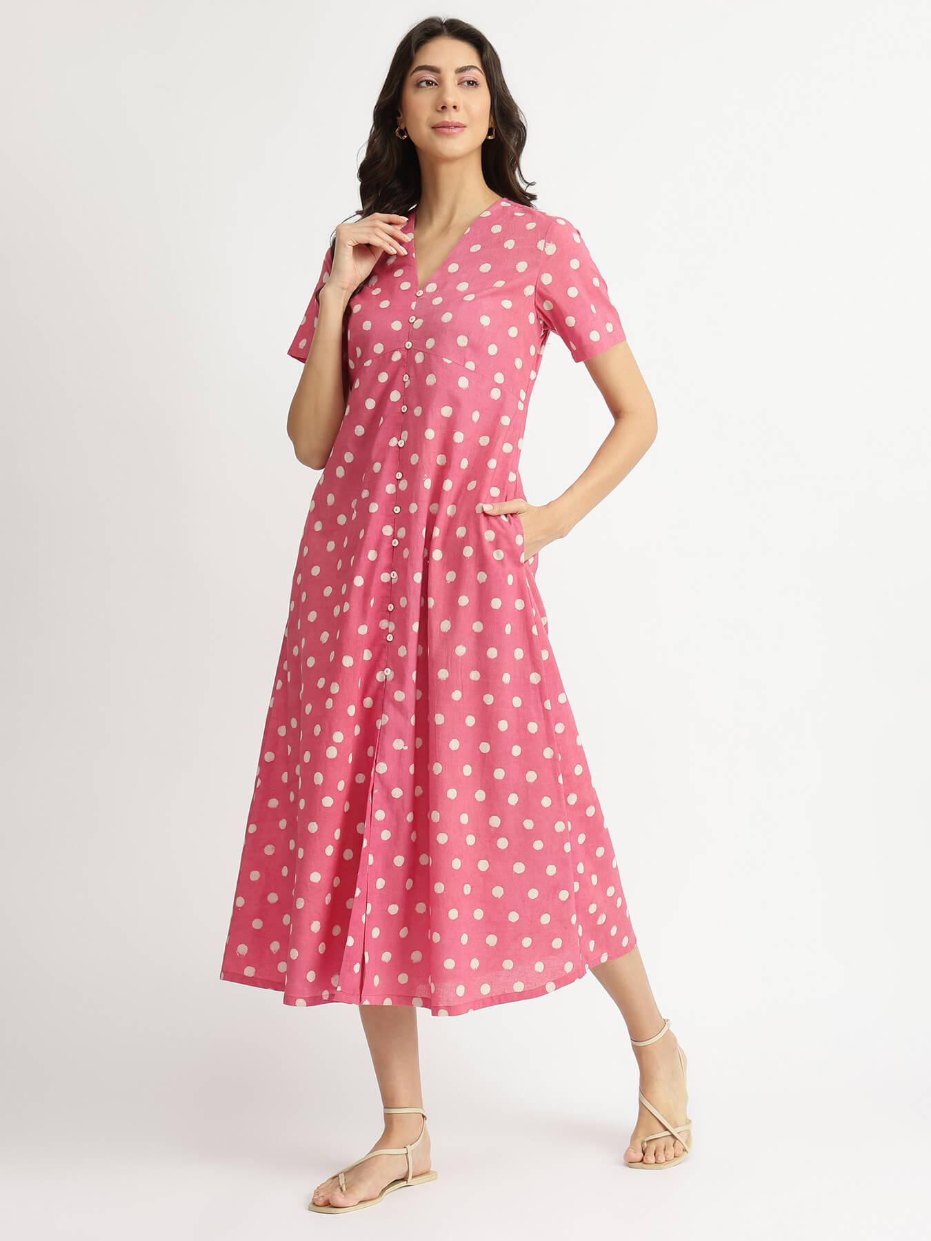 Cotton Dabu Polka Fit & Flare Dress - Pink