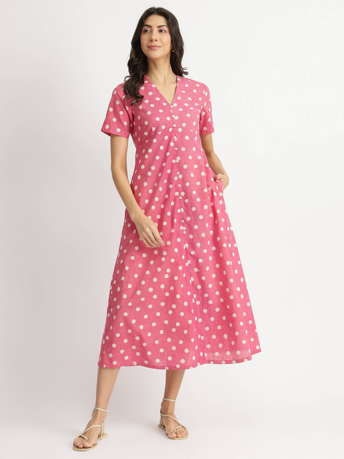 Cotton Dabu Polka Fit & Flare Dress - Pink