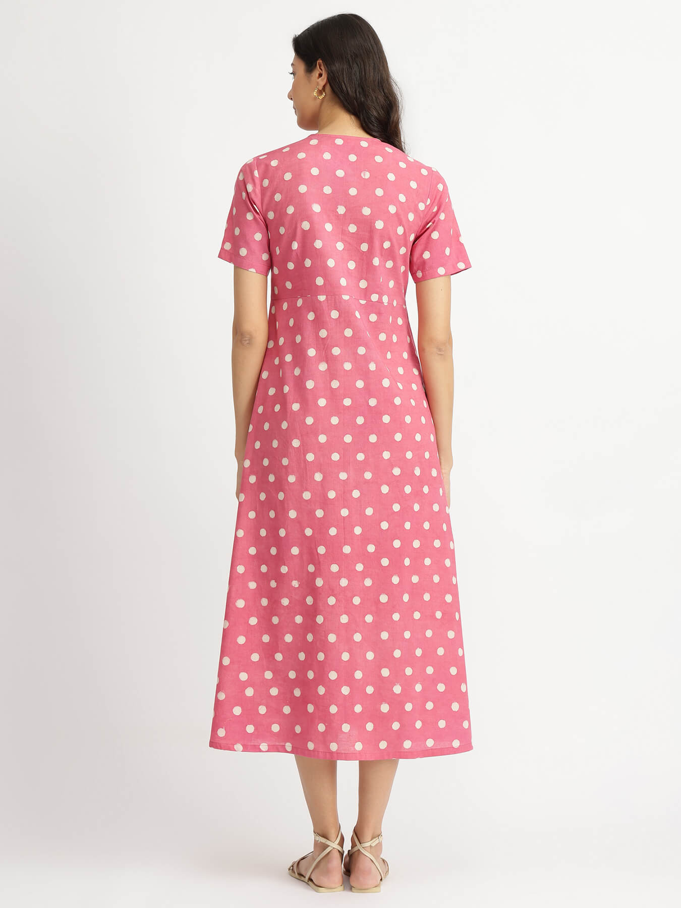 Cotton Dabu Polka Fit & Flare Dress - Pink