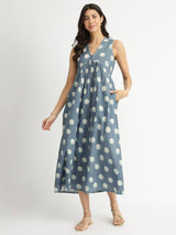 Cotton Dabu Polka Fit & Flare Dress - Grey