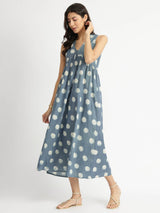 Cotton Dabu Polka Fit & Flare Dress - Grey