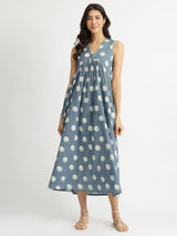 Cotton Dabu Polka Fit & Flare Dress - Grey