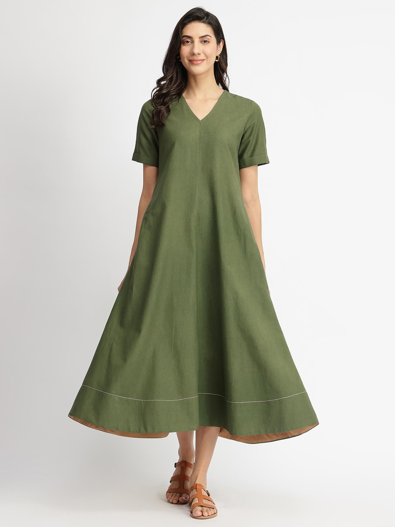 Linen Blend Solid A-Line Dress - Olive
