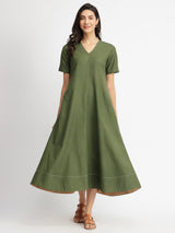 Linen Blend Solid A-Line Dress - Olive