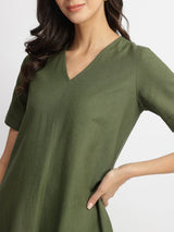 Linen Blend Solid A-Line Dress - Olive