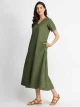 Linen Blend Solid A-Line Dress - Olive