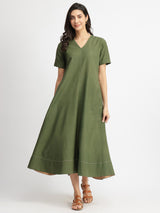 Linen Blend Solid A-Line Dress - Olive