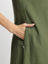 Linen Blend Solid A-Line Dress - Olive