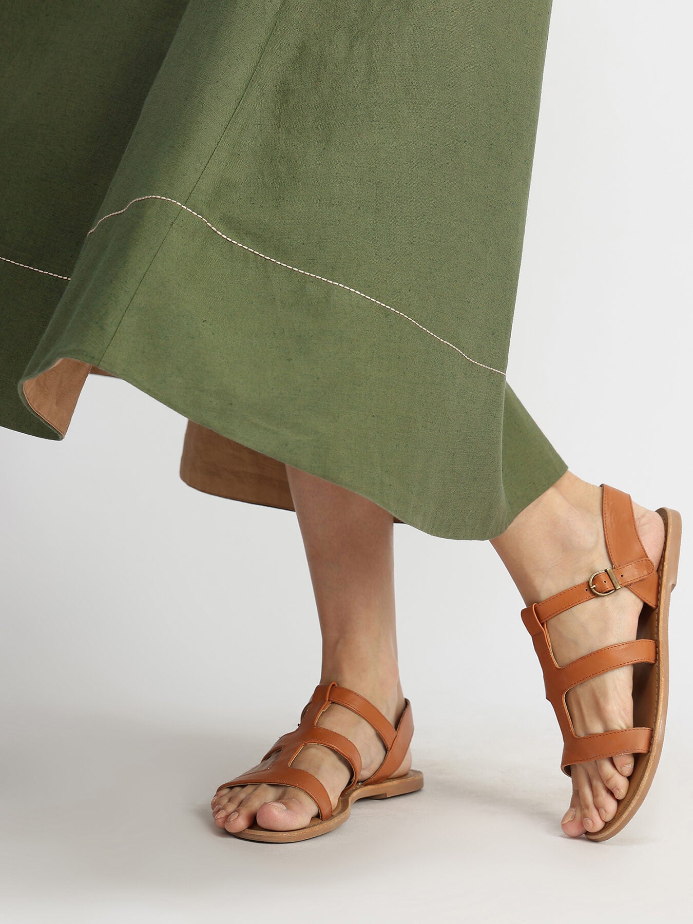 Linen Blend Solid A-Line Dress - Olive