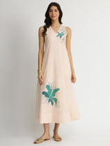 Cotton Floral Placement Print Dress - Off-White