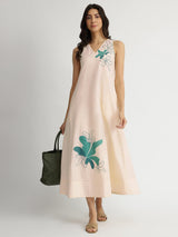 Cotton Floral Placement Print Dress - Off-White
