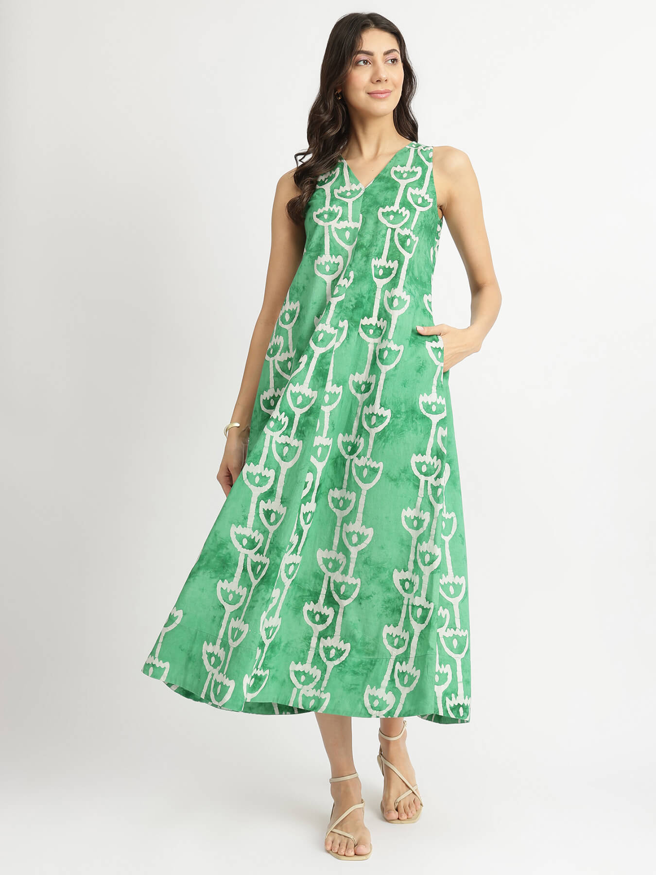 Cotton Handblock Abstract Print Dress - Green