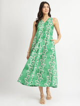Cotton Handblock Abstract Print Dress - Green