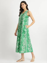 Cotton Handblock Abstract Print Dress - Green