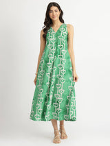 Cotton Handblock Abstract Print Dress - Green