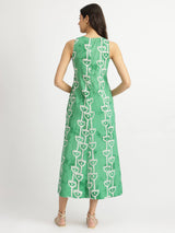 Cotton Handblock Abstract Print Dress - Green