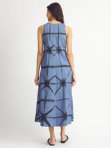 Cotton Geometric Tie & Dye Dress - Blue