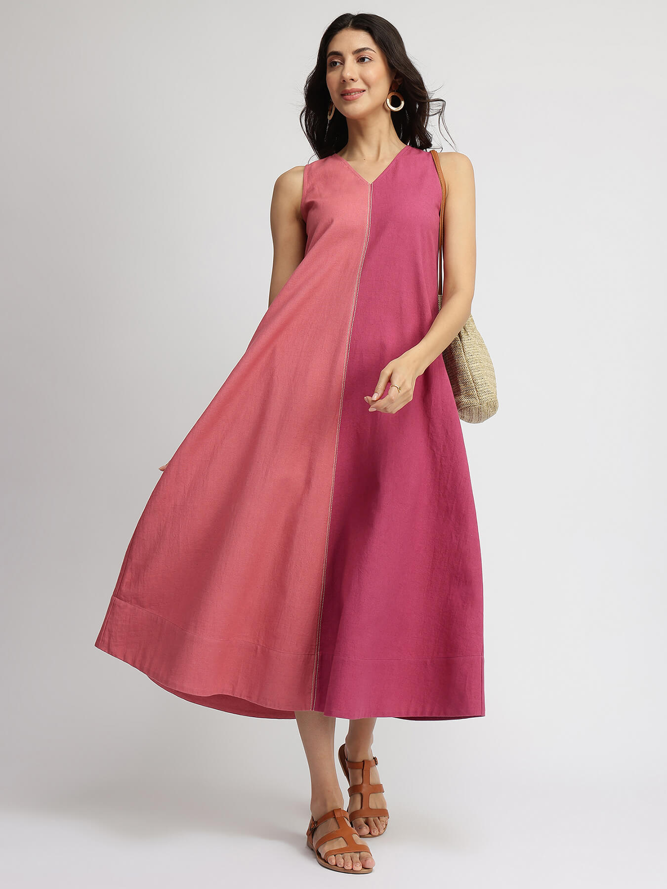Linen Blend Colourblock A-Line Dress - Pink