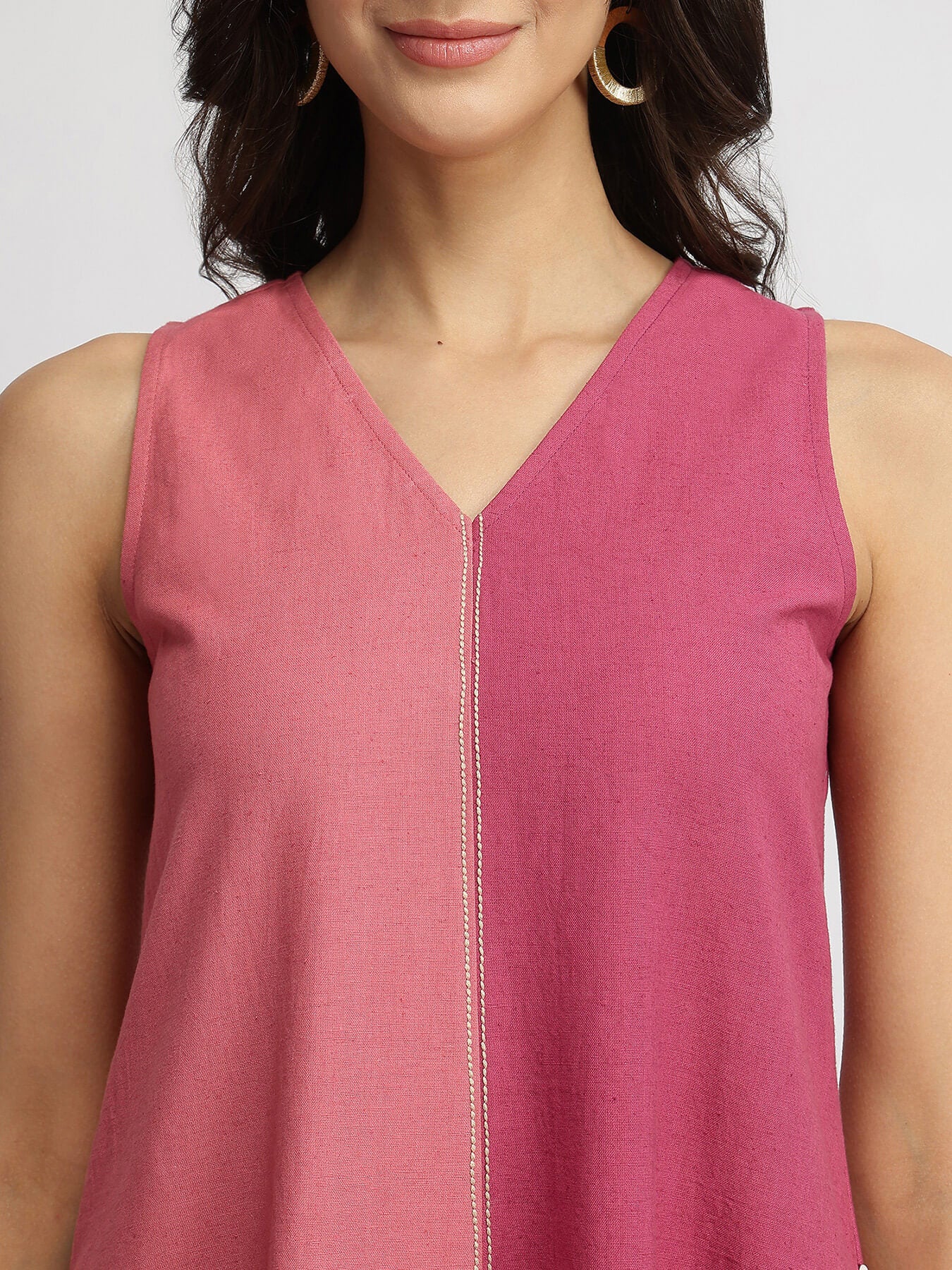 Linen Blend Colourblock A-Line Dress - Pink
