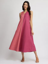 Linen Blend Colourblock A-Line Dress - Pink