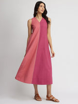 Linen Blend Colourblock A-Line Dress - Pink