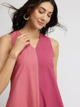 Linen Blend Colourblock A-Line Dress - Pink