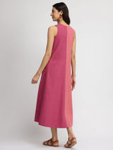 Linen Blend Colourblock A-Line Dress - Pink