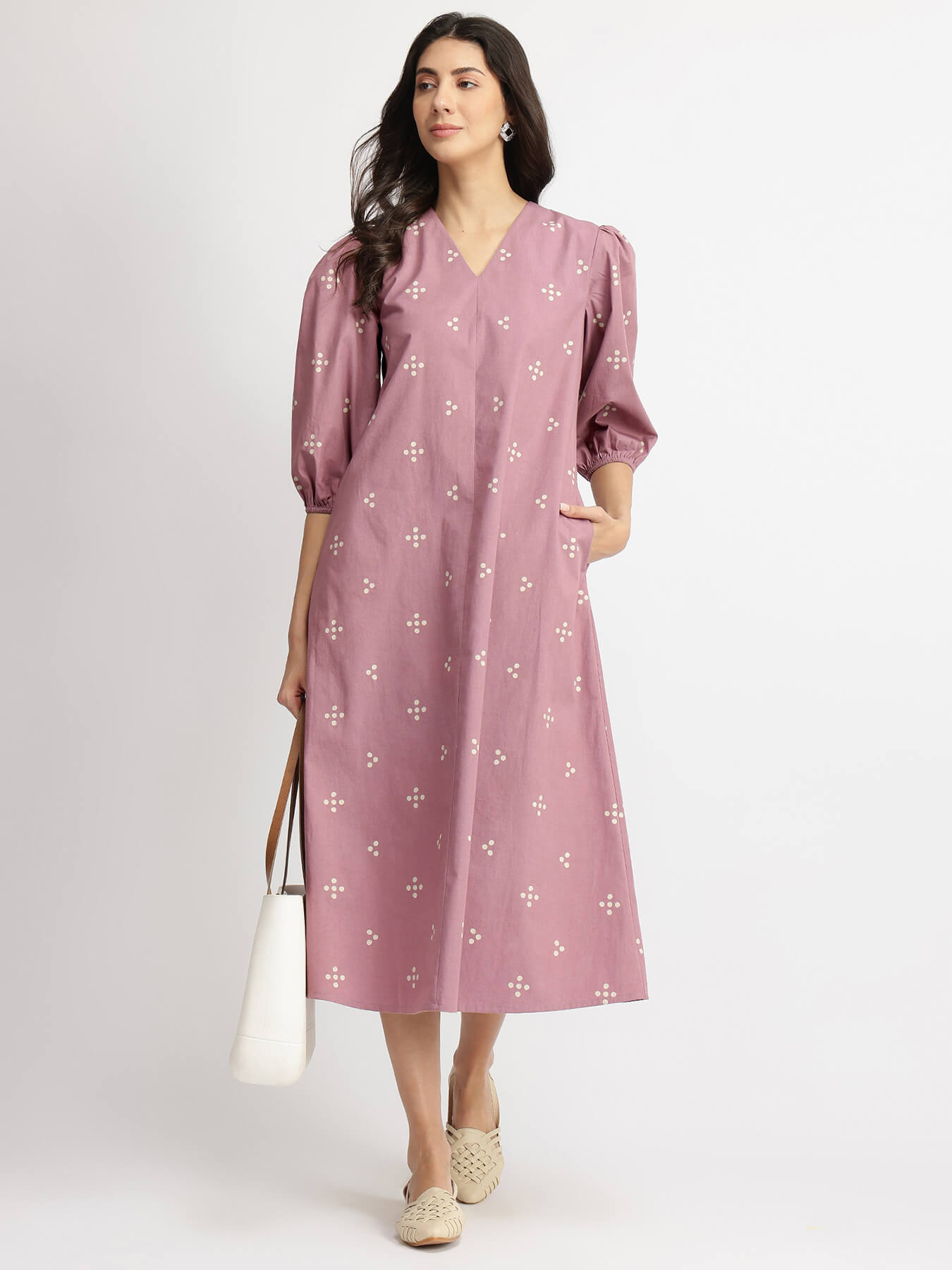 Cotton Tribal Print A-Line Dress - Purple