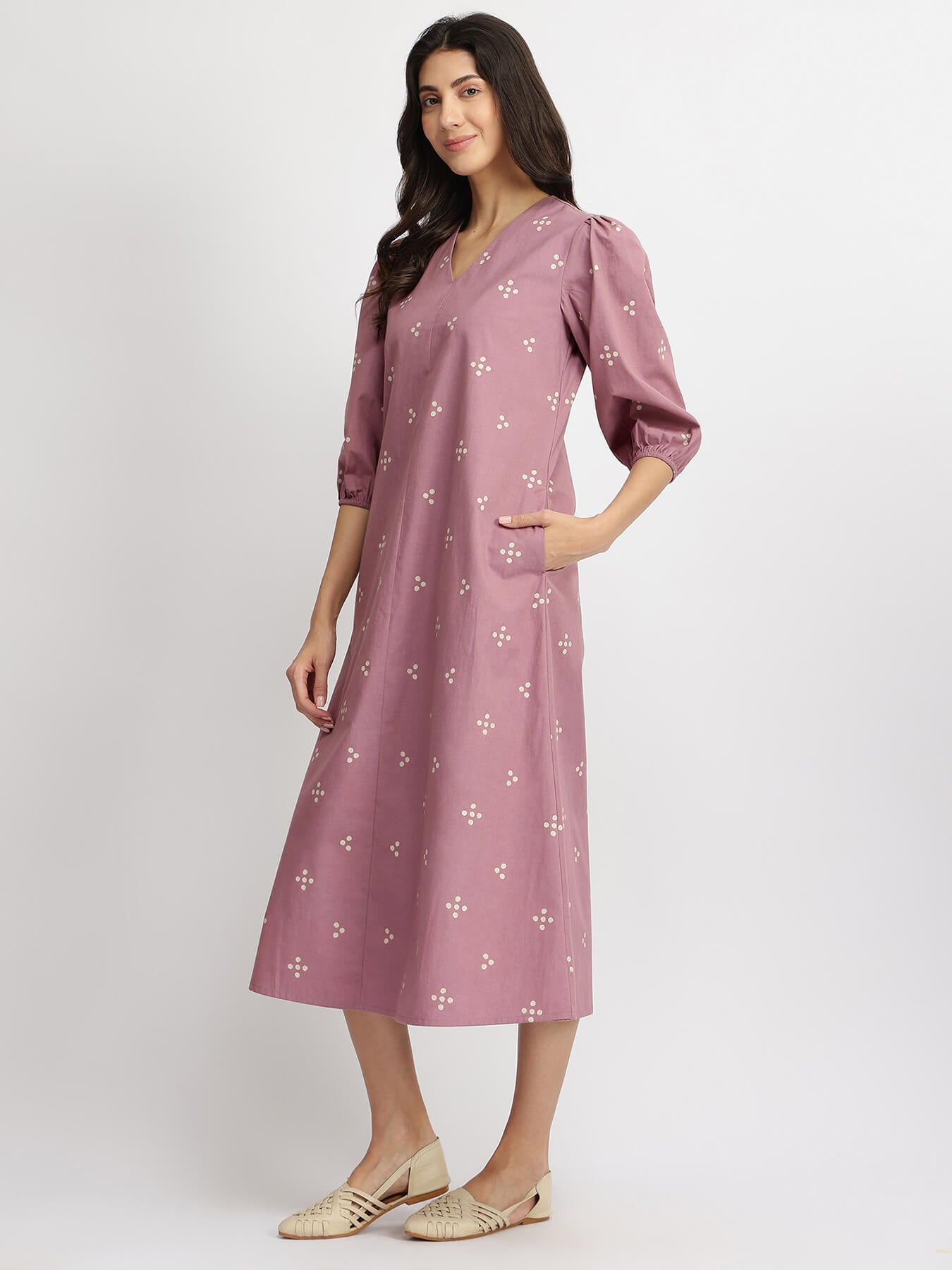 Cotton Tribal Print A-Line Dress - Purple