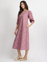 Cotton Tribal Print A-Line Dress - Purple