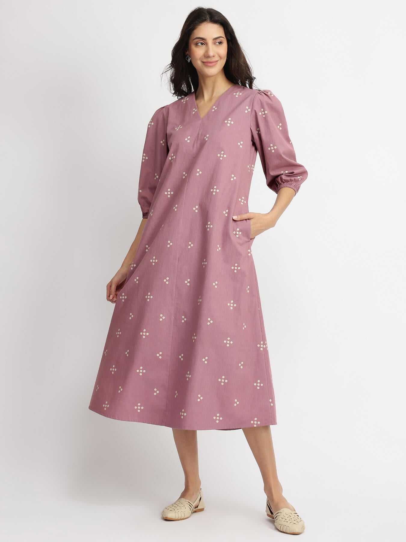 Cotton Tribal Print A-Line Dress - Purple