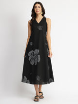 Cotton Bandhani Floral A-Line Dress - Black