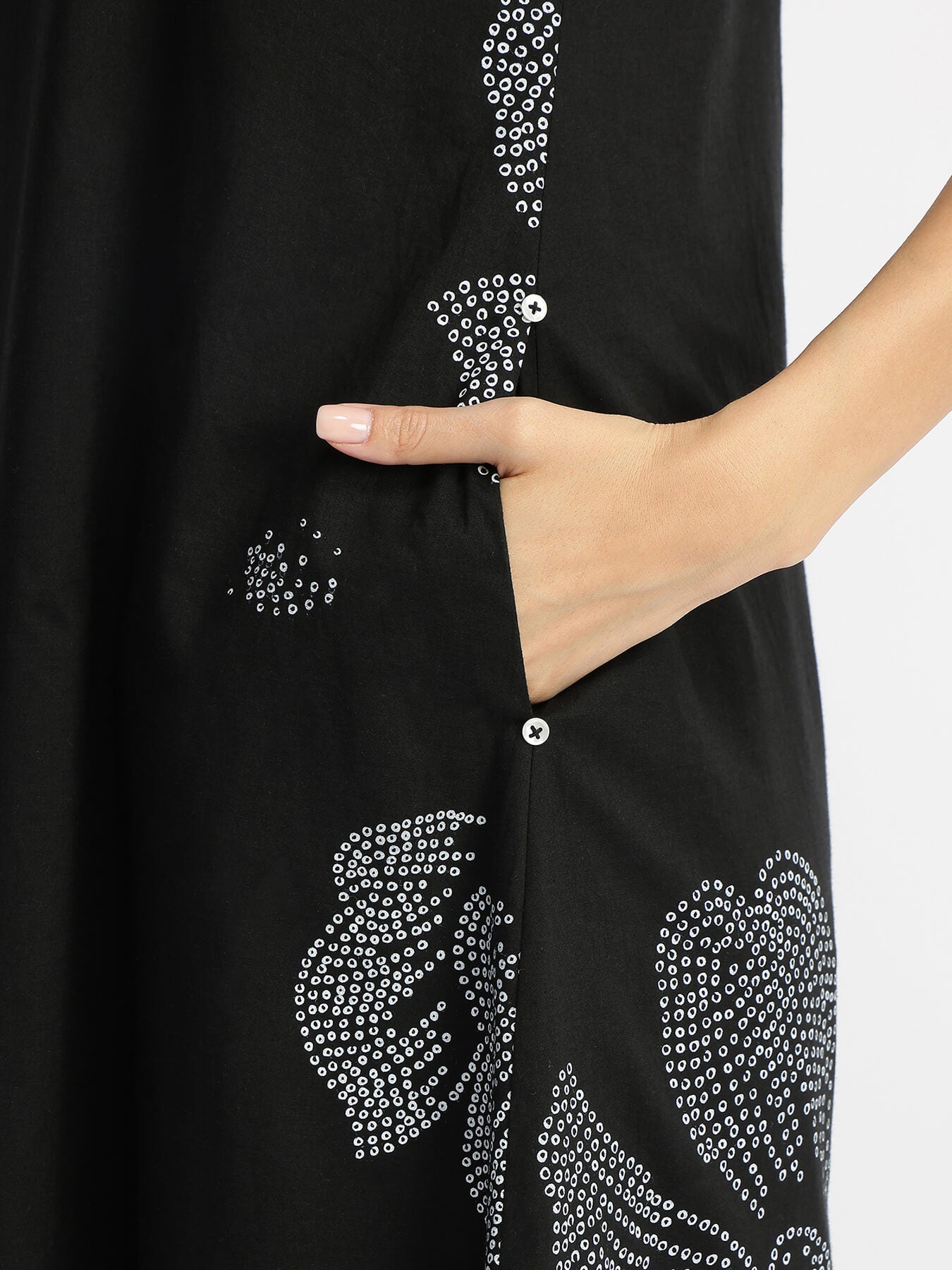 Cotton Bandhani Floral A-Line Dress - Black