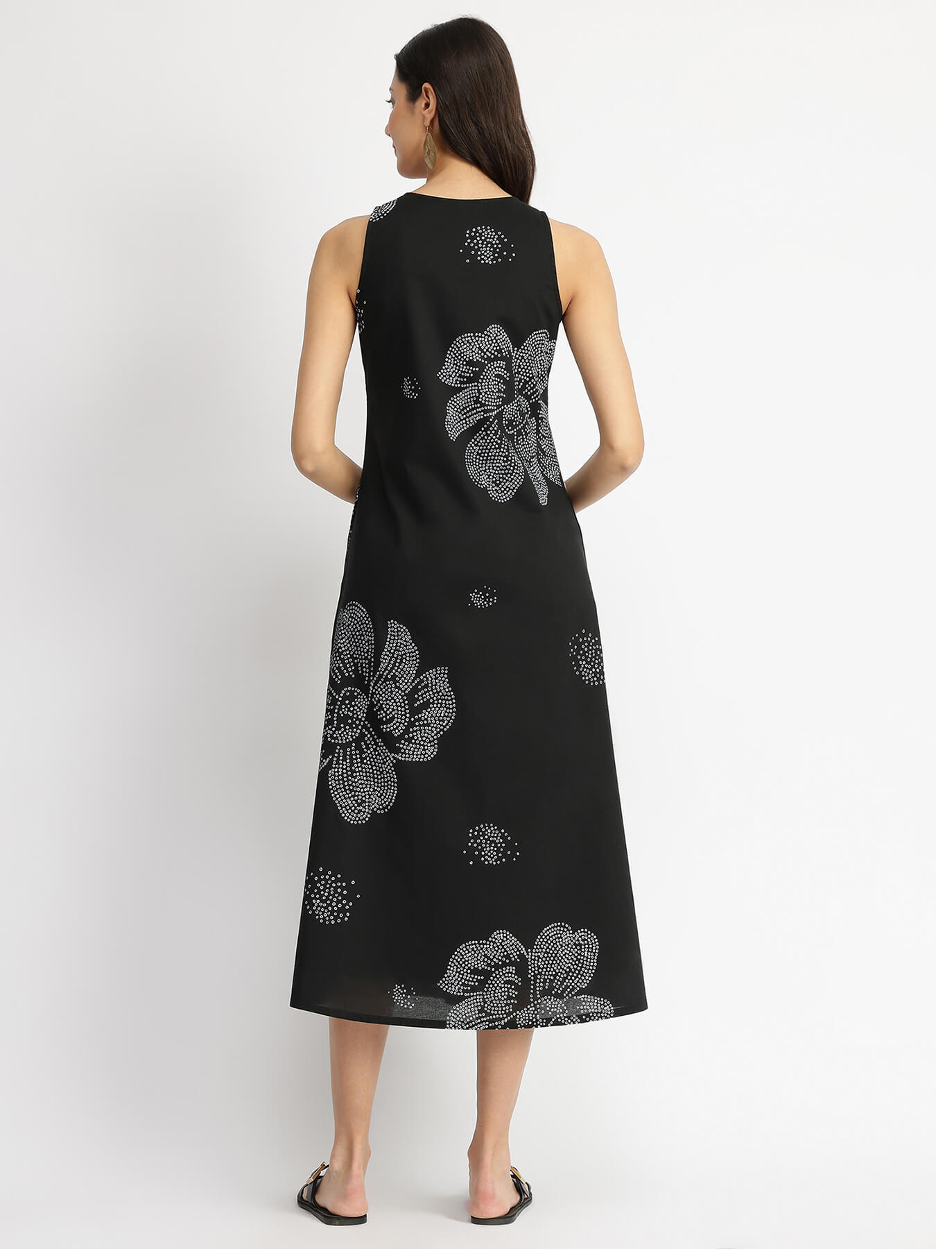 Cotton Bandhani Floral A-Line Dress - Black