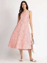 Cotton Striped A-Line Dress - Off-White & Pink