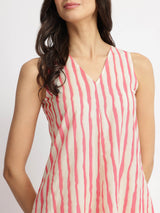 Cotton Striped A-Line Dress - Off-White & Pink