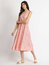 Cotton Striped A-Line Dress - Off-White & Pink