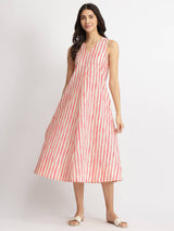 Cotton Striped A-Line Dress - Off-White & Pink