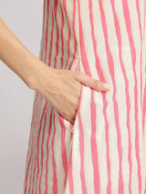 Cotton Striped A-Line Dress - Off-White & Pink