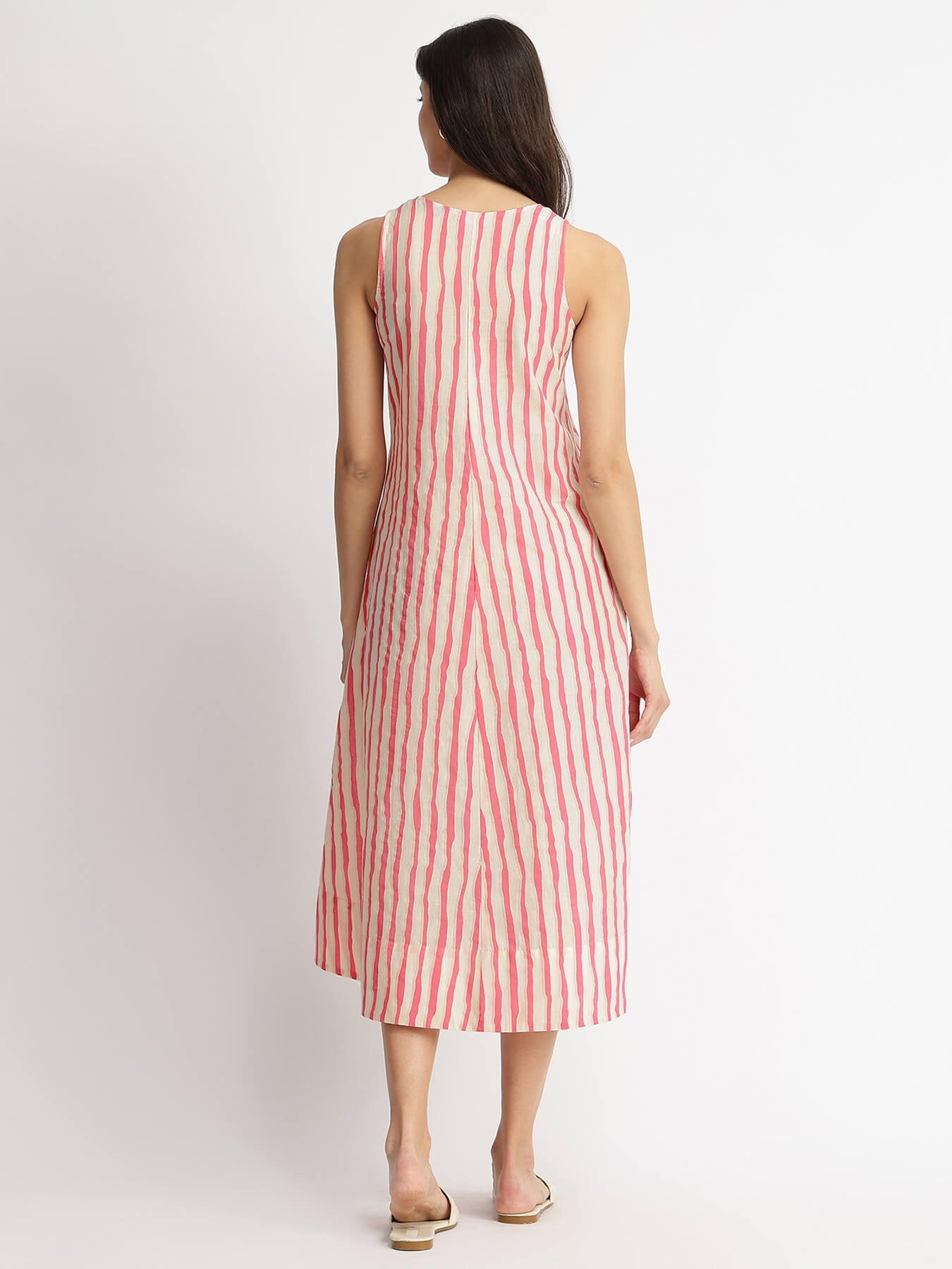 Cotton Striped A-Line Dress - Off-White & Pink