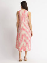 Cotton Striped A-Line Dress - Off-White & Pink