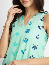 Cotton Floral Motif A-Line Dress - Blue