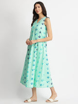 Cotton Floral Motif A-Line Dress - Blue
