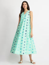 Cotton Floral Motif A-Line Dress - Blue