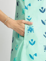 Cotton Floral Motif A-Line Dress - Blue