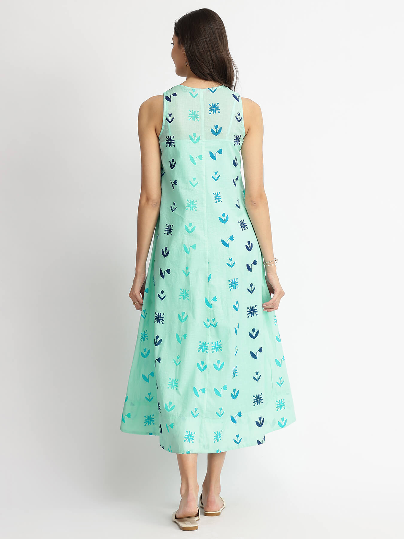 Cotton Floral Motif A-Line Dress - Blue