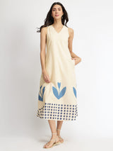 Cotton Floral Motif Dress - Off-White & Blue